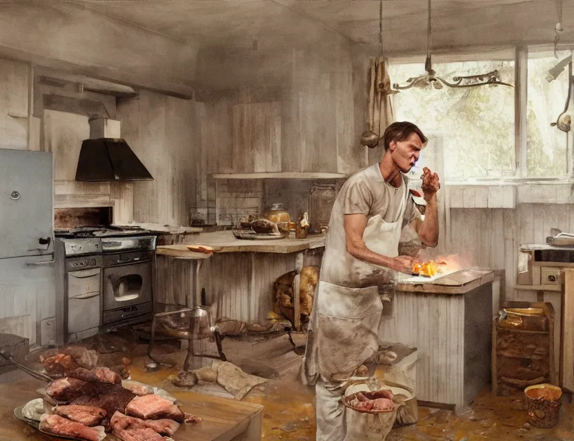 Image similar to jerma 9 8 5 cooking meat in a kitchen in country house, cottage core, cinematic focus, polaroid photo bleached vintage pastel colors high - key lighting, soft lights, foggy, by steve hanks, by lisa yuskavage, by serov valentin, by tarkovsky, 8 k render, detailed, oil on canvas