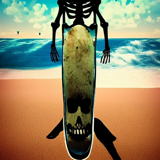 Prompt: skeleton on a surfboard over a psychedelic wave unreal engine