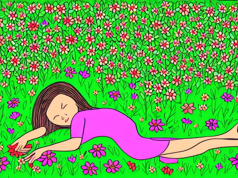 Image similar to drawing of girl laying down in the lawn full of flowers that smells like honey amongst forest with her soul connected to the nature around her. in naive art style