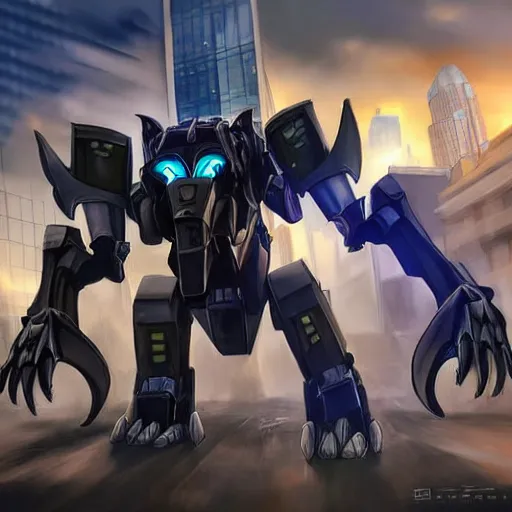 Image similar to hyper realistic, photographic, highly detailed cinematic full body shot of a 4 legged giant mecha canine, sharp claws, sleek armor, glowing visor, charging through city, destroying city, digital art, furry art, dragon art, zoids art, furaffinity, deviantart