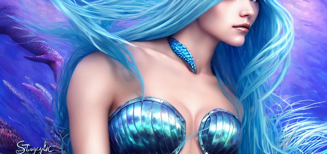 Image similar to close up portrait photo of a gorgeous female mermaid with long blue hair wearing metal armor in the style of stefan kostic, realistic, half body shot, sharp focus, 8 k high definition, insanely detailed, intricate, elegant, art by stanley lau and artgerm, extreme blur coral reef background