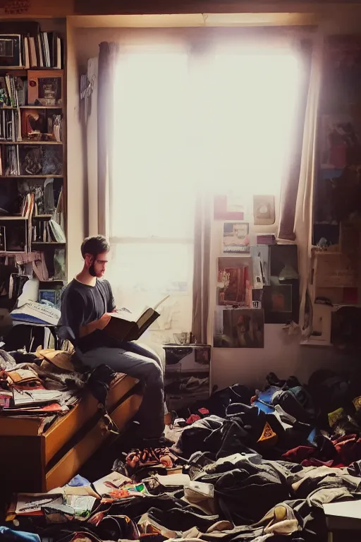 Prompt: a dramatic lighting photo of a guy reading a book in a cluttered messy 9 0 s bedroom, lofi, lo fi,