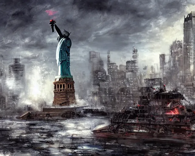 Prompt: Donald Trump destroying our democracy and the Statue of Liberty in Manhattan, post apocalyptic New York, craig mullins, dramatic lighting, very detailed