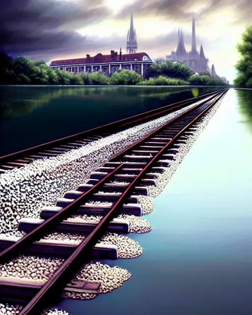 Image similar to shallow reflective water completely covers submerged train tracks as a girl carries her shoes, there is a train station in the distance and large white clouds on a wide horizon, intricate, elegant, highly detailed, digital photo, artstation, concept art, smooth, sharp focus, art by artgerm and greg rutkowski and fra angelico