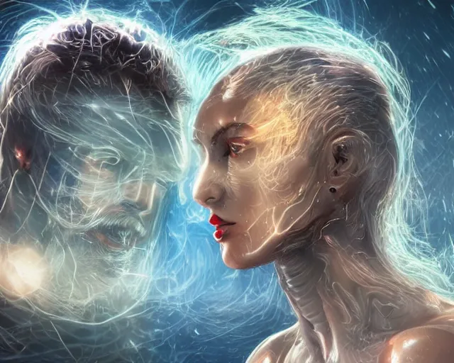 Prompt: realistic textured magnetosphere, hairy handsome girls, love, joy, complex cybernetic beings, glowing hair, vortexes, large array, ornate hair, cinematic light shadows, wet hdr refractions, insanely detailed rendering, artstation, 8 k, * * * * *