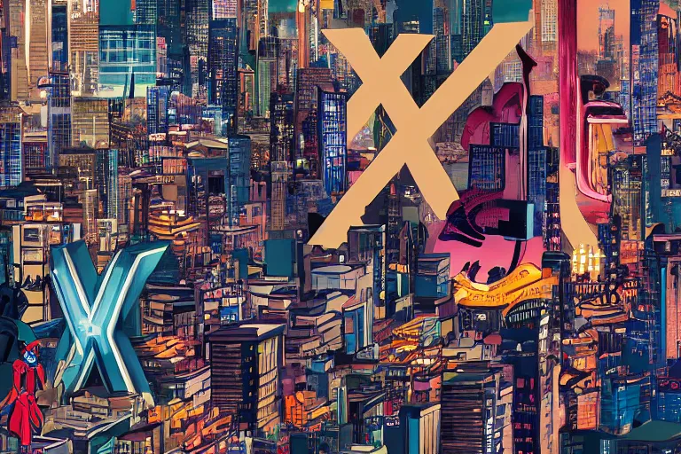 Prompt: an epic comic book style painting of the uppercase letter x towering over the world, the letter x, giant font, lettering, future tokyo cityscape with ribbons, banners and ribbons, trending on artstation, dynamic lighting