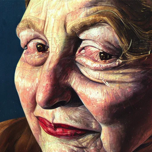 Image similar to high quality high detail painting by lucian freud, hd, portrait of smiling sad woman, photorealistic lighting