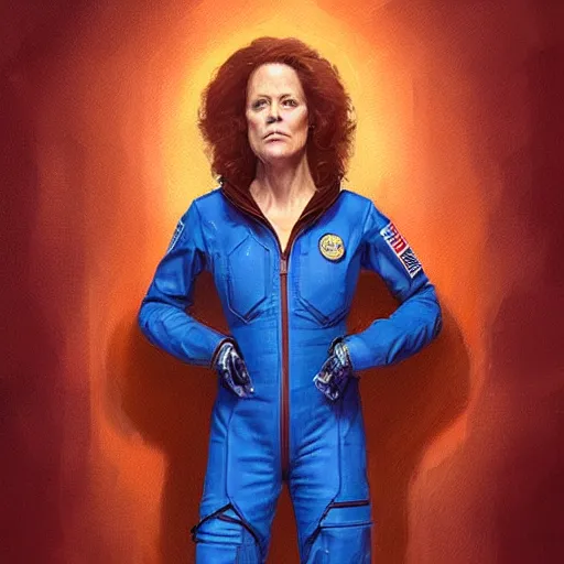 Image similar to portrait of a woman by greg rutkowski, sigourney weaver as an space cargo pilot, she is about 6 0 years old, wearing a cobalt blue utilitarian jumpsuit, highly detailed portrait, digital painting, artstation, concept art, smooth, sharp foccus ilustration, artstation hq