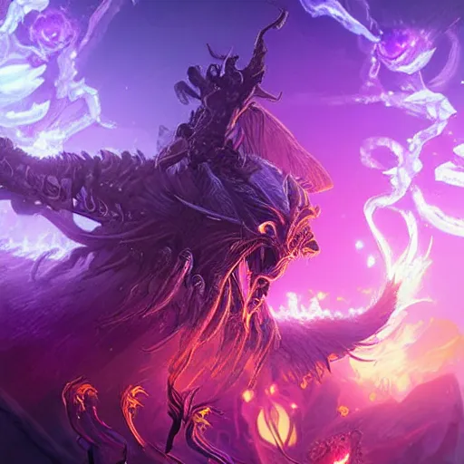 Image similar to flying skulls with violet fire trails, two fangs, violet theme, epic fantasy digital art style, fantasy artwork, by Greg Rutkowski, fantasy hearthstone card art style