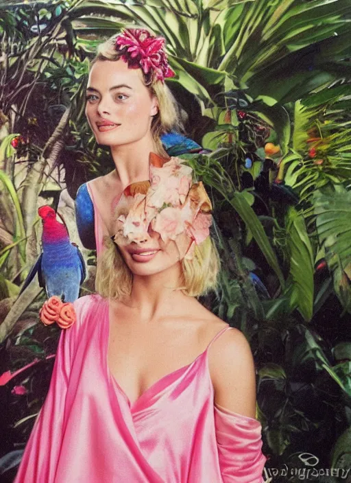 Image similar to grainy head to shoulder portrait Polaroid film photograph of Margot Robbie wearing a pink night gown with a very detailed parrot on her shoulder!!! in a tropical greenhouse. looking at the camera!!. super resolution. Extremely detailed. Polaroid 600 film. art by James Gurney.