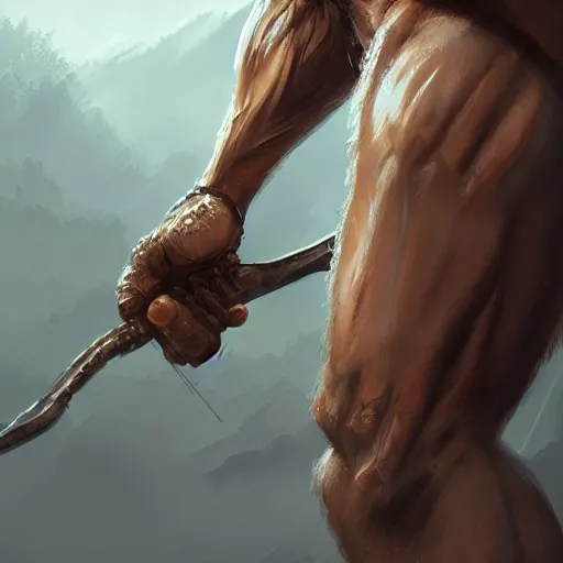 Image similar to portrait of a rugged ranger, muscular, upper body, hairy torso, detailed detailed detailed hands hands hands hands, D&D, fantasy, bare bare bare bare thighs thighs thighs intricate, elegant, highly detailed, digital painting, artstation, concept art, smooth, sharp focus, illustration, art by wlop