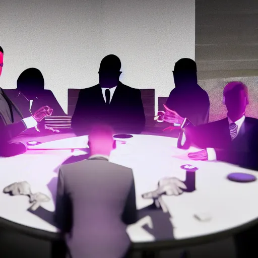 Prompt: HD render of shadow figures in suits sitting around a table in an occultic lair scheming and plotting, Ultra realistic digital art painting trending on artstation, photo realistic, black and purple colour scheme