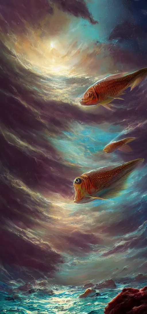 Image similar to Ocean with strange fish on planet Kepler-22-BKepler-22-B, oil Painting, ultradetailed, artstation, ultradetailed, digital Painting,