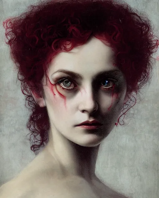 Prompt: a beautiful but sinister girl in layers of fear, with haunted eyes and curly hair, 1 9 7 0 s, seventies, delicate embellishments, a little blood, crimson, painterly, offset printing technique, mary jane ansell, alexandre cabanel