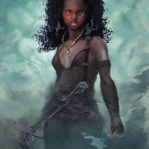 Image similar to happy birthday beautiful worrier girl, cover of a magnificent fantasy book by Neil Gaiman, highly detailed portrait of a beautiful black hair girl, trending on artstation