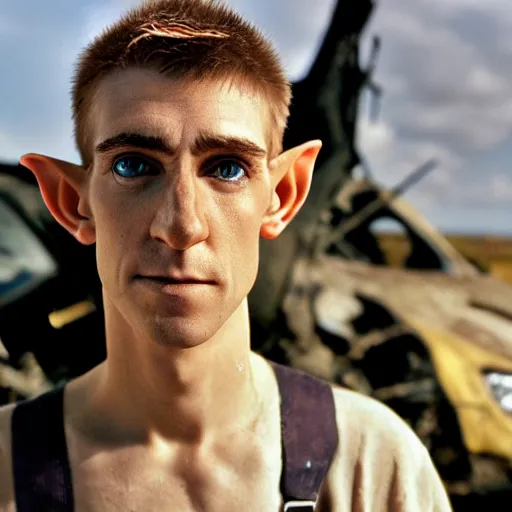 Image similar to close up headshot of a skinny high-fantasy elf with a long face narrow chin and spiky blonde hair wearing dark brown overalls and holding a bomb next to a destroyed car, high resolution film still, HDR color