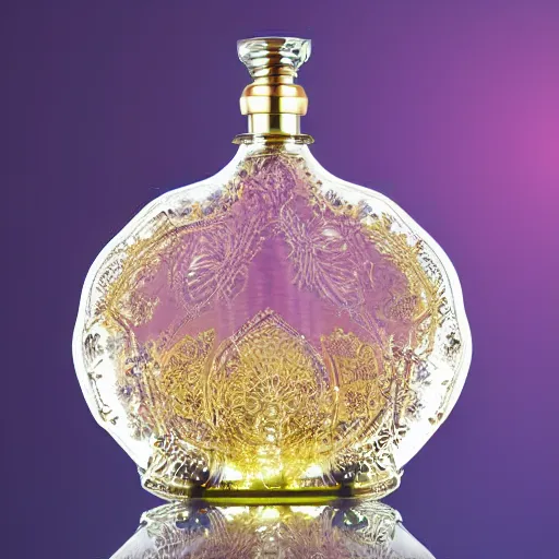 Image similar to a lamp in the shape of a perfume bottle, designed by christian dior, advertising photography, intricate details, gradient studio background, bokeh