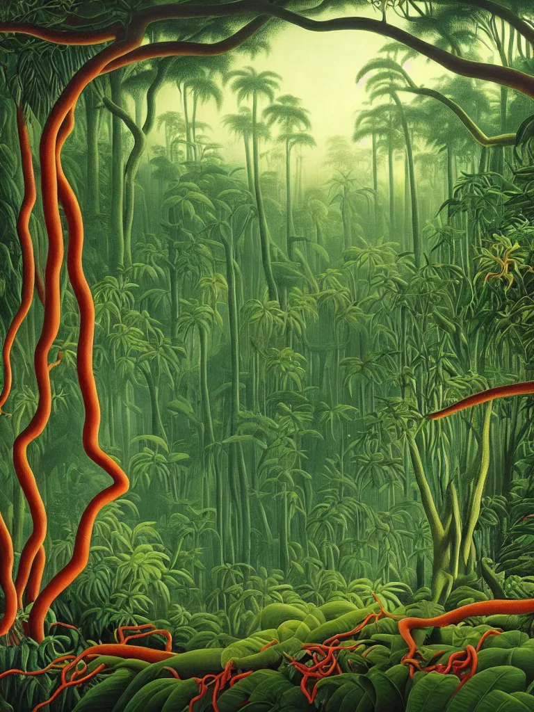 Image similar to A beautiful painting of a foreboding atmosphere inside the lush Malaysian jungle, dense exotic rainforest flora and fauna where time seems to stand still, creeping tree vines that looks like bloody entrails, tree roots like severed limbs by Martin Johnson Heade, Hiroshi Sugimoto, Henri Rousseau, medium close up shot, wide angle lens, photo realistic, anaglyph filter, cinematic mood lighting, National Geographic photograph, cinematography of Apocalypse Now (1977), trending on Art Station.