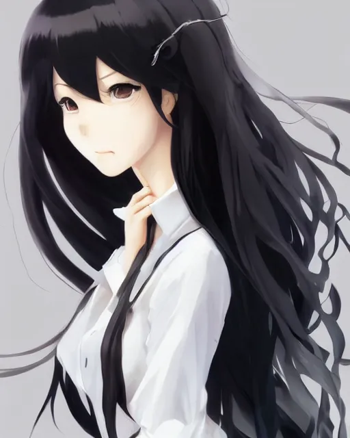 Image similar to An anime portrait of a beautiful girl with long black hair wearing a white blouse, by Stanley Artgerm Lau, WLOP, Rossdraws, James Jean, Andrei Riabovitchev, Marc Simonetti, and Sakimichan, tranding on artstation