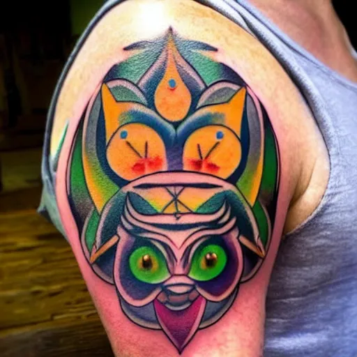 Image similar to shoulder tattoo of a meditating cute bush baby with trippy eyes and glowing multicolored chakra symbols, surrounded with colorful lotus flowers, insanely integrate