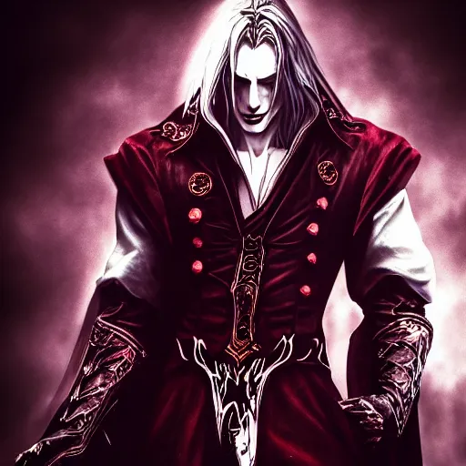 Prompt: a portrait of a alucard castlevania ,Grim fantasy, vampire, D&D, HDR, natural light, shoulder level shot, dynamic pose, award winning photograph, Mucha style 4k,