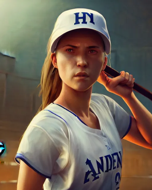 Image similar to epic portrait cinematic shot an female basketball player, white shirt, shorts, a cap, a baseball bat, stadium backround, sunny, fine details. night setting. realistic shaded lighting poster by craig mullism, artgerm, jeremy lipkin and michael garmash, unreal engine, radiant light, detailed and intricate environment, digital art, trending on art station,