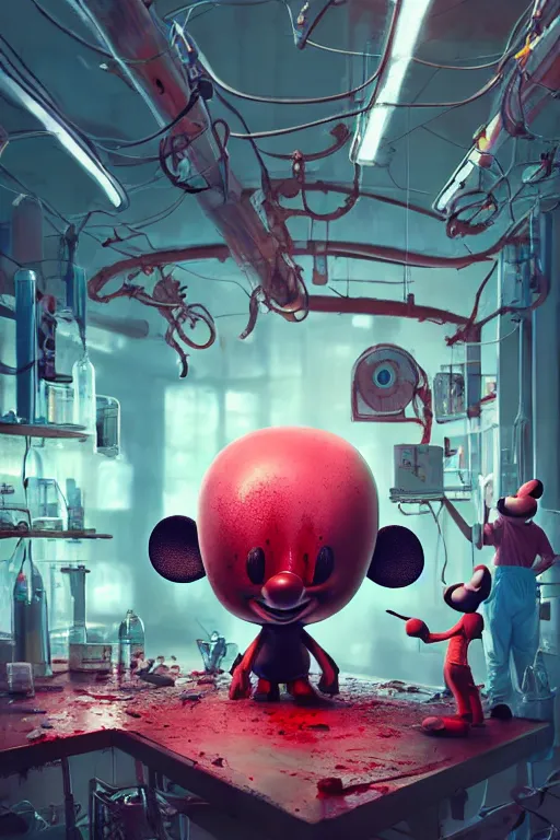 Image similar to bloody mickey mouse head lifted by claw, it is being fixed by few mechanics / workers in lab facility, made by beeple, cgsociety, artgerm, greg rutkowski, highly detailed intricate 4 k art, low light cinematic, octane render, unreal engine,