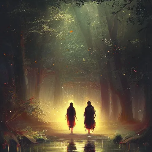 Prompt: a couple walking along a river, enchanted trees, nightime, fireflies, great colors, by greg rutkowski, trending on artstation