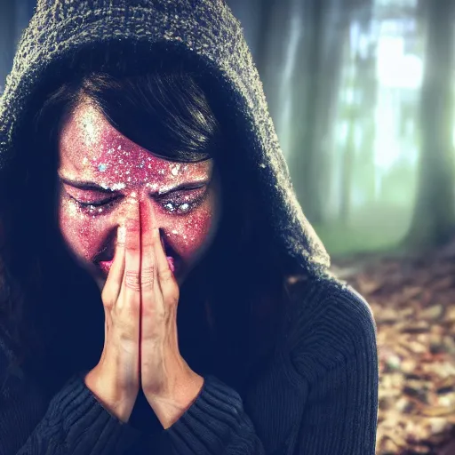 Prompt: a woman crying glittery tears in the woods, photorealistic, 8k, cinematic lighting