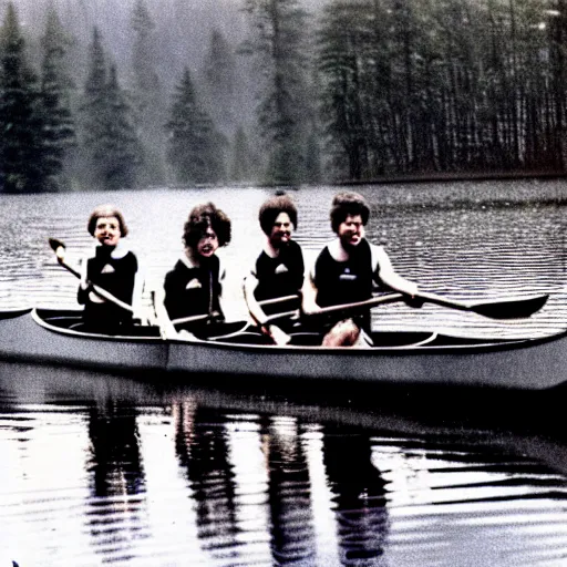 Image similar to a horrible eldritch being made of canoes and canoe paddles, eerie photo, 1 9 8 0 s nostalgic camp photo