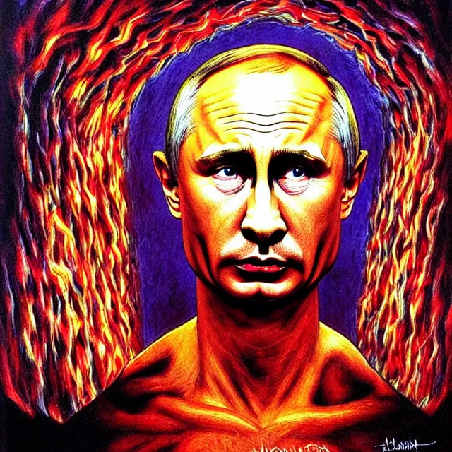 Prompt: shocked crying arrested putin, prison, justice, hyper - realistic, sharp focus, depth of field, hyper - detailed visionary art, symmetric, hell, holy halo, dramatic ambient lighting, high detail, vibrant colors, the thing 1 9 8 2