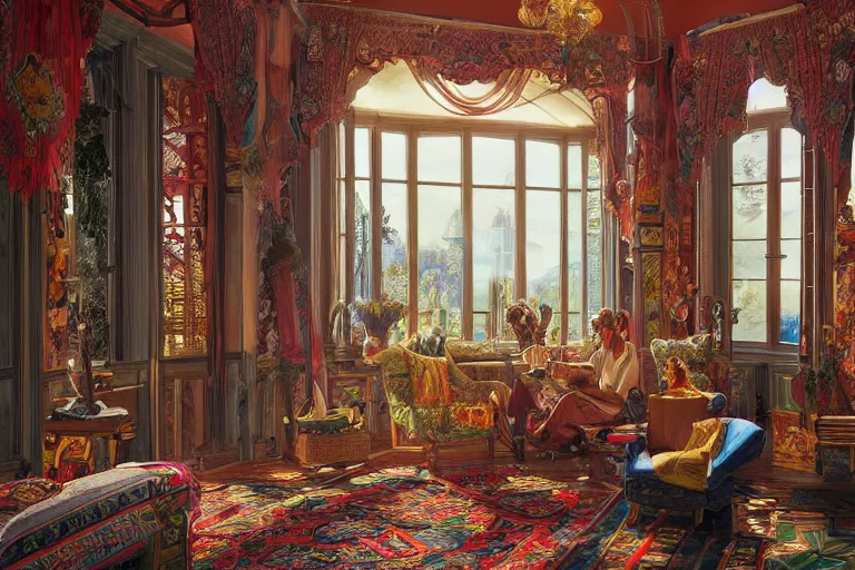 Prompt: a bright bohemian parlor with sunbeams streaming in from tall windows, by Ludwig Deutsch and Evelyn De Morgan and Donato Giancola, floral embroidery, carved wood, oriental carpets,rich color, dramatic cinematic lighting, featured on Artstation, cgsociety, unreal engine