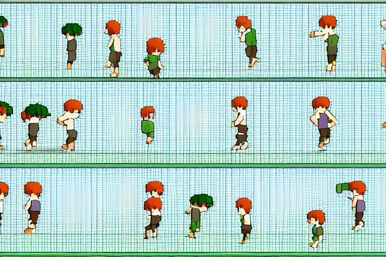 Prompt: a sprite sheet containing of a hero running by studio ghibli, side view, proportions, sprite sheet, running cycle, ready to model,