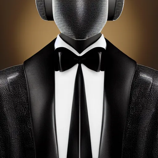Image similar to “ closeup portrait of a robot wearing a tuxedo, depth of field, zeiss lens, detailed, symmetrical, centered, fashion photoshoot, by annie leibovitz and steve mccurry, david lazar, jimmy nelsson, breathtaking, 8 k resolution, extremely detailed, beautiful, establishing shot, artistic, hyperrealistic, beautiful face, octane render ”