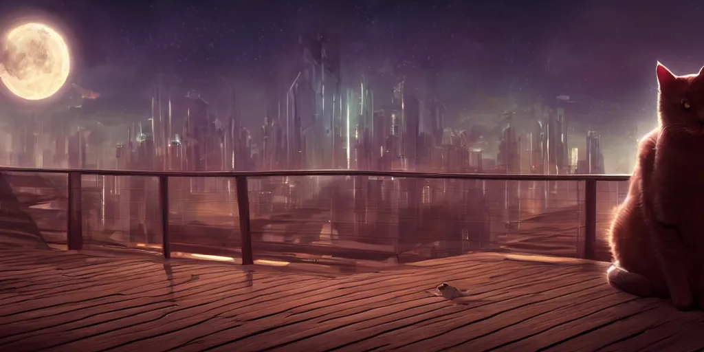 Prompt: cat sitting on a wooden deck, staring into the sky, night, dramatic warm lighting, futuristic cyberpunk cityscape in background, stellaris concept art, ringworld structure in sky