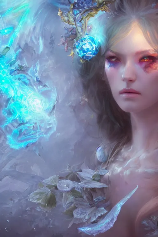 Image similar to face closeup of beautiful girl necromancer, magical fairy exploding into flowers and ice, angels, 3 d render, hyper - realistic detailed portrait, holding fire and electricity rainbow, ruan jia, wlop. scifi, fantasy, magic the gathering, hyper detailed, octane render, concept art, peter mohrbacher