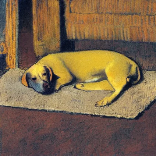 Image similar to degas painting of a yellow lab sleeping contentedly on a patterned rug inside a house at night, lit by warm yellow floodlights