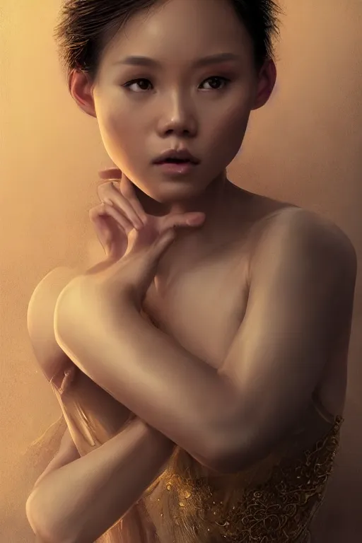 Prompt: stunningly beautiful, filipina prima ballerina in ruins, symmetrical face, golden hour, smooth, focus, highly detailed, hyper realistic, dramatic lighting, elegant, intricate, concept art, art by wlop, mars ravelo, greg rutowski, artstation