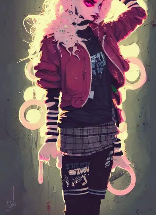 Prompt: highly detailed portrait of a sewer punk lady, tartan hoody, blonde ringlet hair by atey ghailan, by greg rutkowski, by greg tocchini, by james gilleard, by joe fenton, by kaethe butcher, gradient magenta, black, blonde cream and white color scheme, grunge aesthetic!!! ( ( graffiti tag wall background ) )