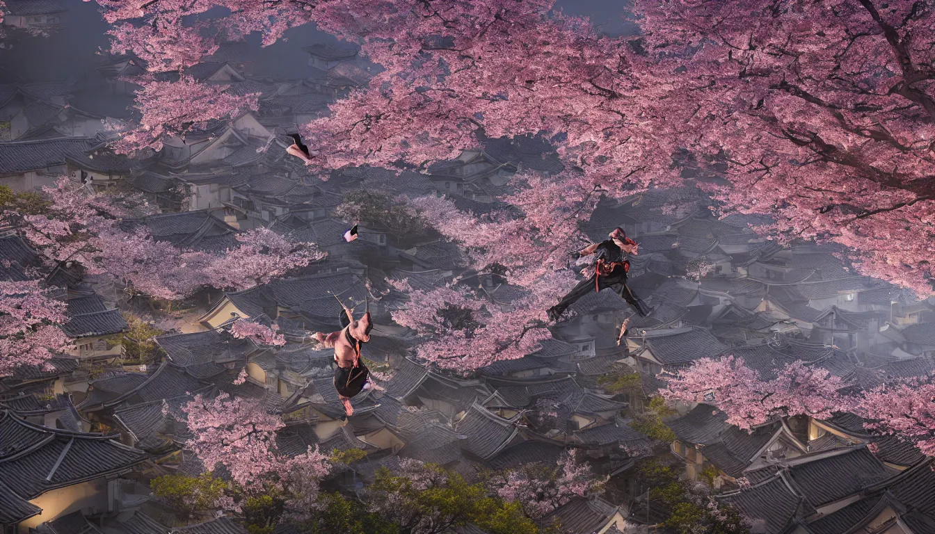 Prompt: samurai, jumping across rooftops, in a Japanese village, night time, surrounded by cherry blossom trees, highly detailed, stunning photo, cinematic lighting, perfect, 8K, ultra-detailed , Trending on artstation, Octane render, Unreal Engine,