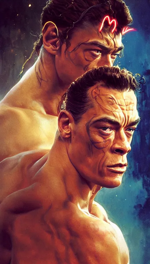 Image similar to young jean claude van damme and a young peasent woman, lord of the rings, conan, amazing beauty, visor, neon tattoo, styled hair, decorated ornaments by carl spitzweg, ismail inceoglu, vdragan bibin, hans thoma, greg rutkowski, alexandros pyromallis, perfect face, fine details, realistic shaded