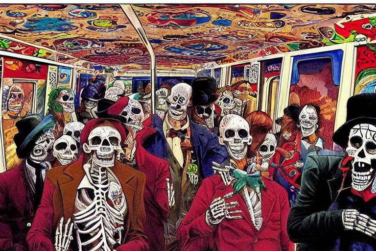 Prompt: scene from interior of a subway car, lunch, day of all the dead, skeletons, artwork by jean giraud