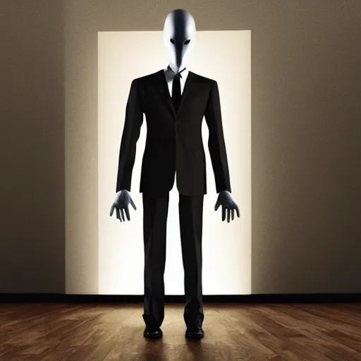 Image similar to slenderman standing in a dark bedroom, 8k, super detailed, extremly realistic, sharp