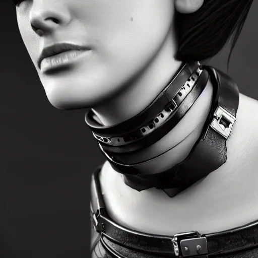 Image similar to detailed realistic female character cyberpunk wearing thick leather collar around neck, realistic, art, beautiful, 4K, collar, choker, collar around neck, punk, artstation, detailed, female, woman, choker, cyberpunk, punk, collar, choker, collar around neck,