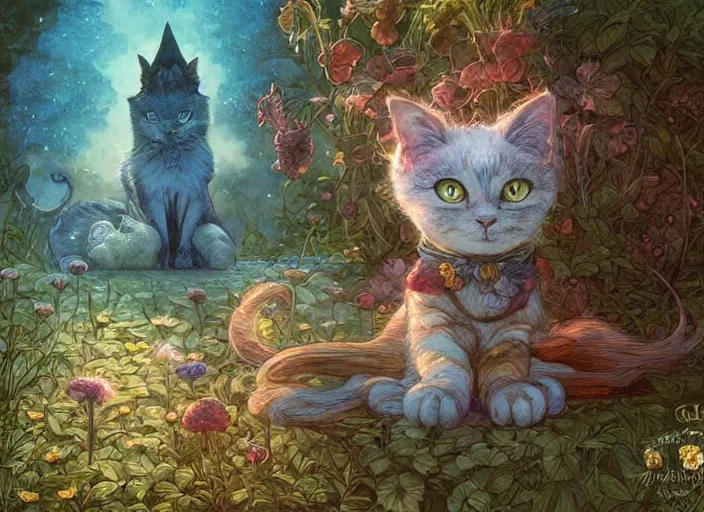 Image similar to magical cat, path traced, highly detailed, high quality, digital painting, by studio ghibli, lise deharme, alexander jansson, paul lehr, tim white, hans zatzka, george stubbs, louis wain, alphonse mucha