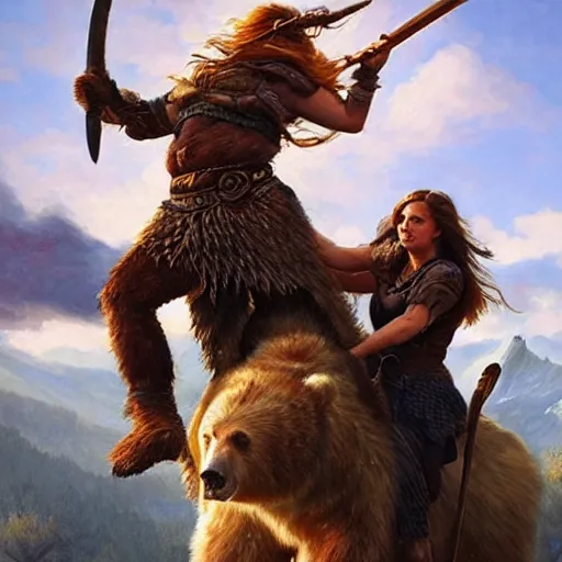 Prompt: viking barbarian emma watson riding a grizzly bear like a horse holding a ak - 4 7, fantasy art, golden hour, classic oil painting, thick brush strokes, epic art, loose art, by artgerm and greg rutkowski and alphonse mucha