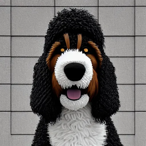 Image similar to a closeup photorealistic illustration of a smiling knitted bernedoodle judge dog dressed in a black gown, presiding over the courthouse. this 4 k hd image is trending on artstation, featured on behance, well - rendered, extra crisp, features intricate detail, epic composition and the style of unreal engine.