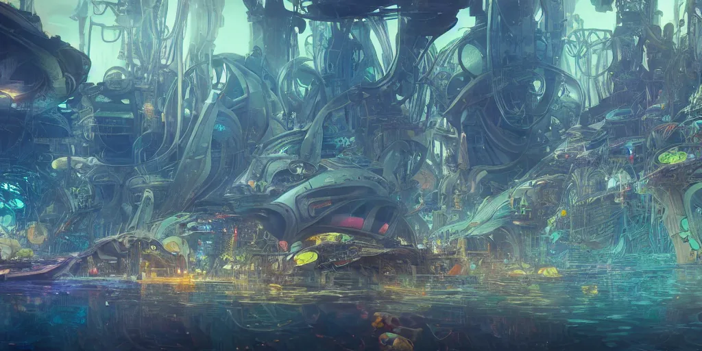 Prompt: a futuristic city underwater, photorealistic, people, fish, realistic paint, highly detailed, 4k, shallow depth of field, cinematic light, concept art, artstation, art by Enrich Victor, Alphonse Mucha