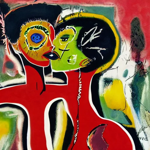Image similar to beautiful painting of two bizarre psychedelic goth women kissing each other closeup in a cafe in japan, speculative evolution, mixed media collage by basquiat and jackson pollock, magazine collage art, sapphic art, lesbian art