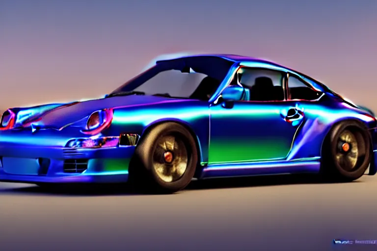 Image similar to iridescent Porsche 911, by Thomas Kincade, Richard Sigamani, 8k photorealistic, HD, high details, concept art, trending on artstation